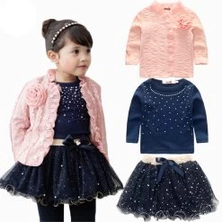 Spring Baby Girls Clothing Sets 3 Pieces Suit Girls Flower Coat + Blue T Shirt + Tutu Skirt Girls Clothes