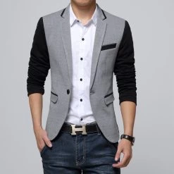 Slim Fit Casual Jacket Cotton Men Blazer Jacket Single Button Gray Mens Suit Jacket Autumn Patchwork Coat Male Suite