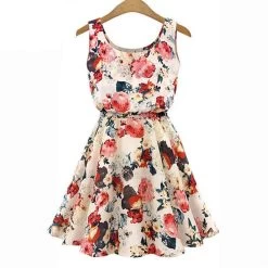 Fashion Women Apricot Sleeveless O-Neck Florals Print Pleated Summer Clothing Dresses