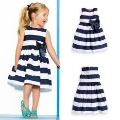 Baby Kid Girls Sleeveless One Piece Dress Blue Striped Bowknot Tutu Dresses Summer