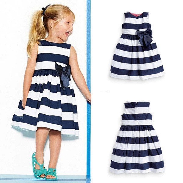 Baby Kid Girls Sleeveless One Piece Dress Blue Striped Bowknot Tutu Dresses Summer