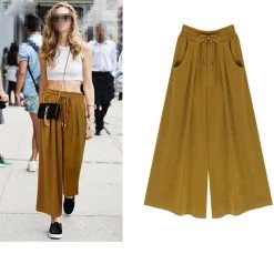 Women's Summer Harem Pants Casual Loose Cotton Blended Pleated Pockets Solid Elastic Waist Wide Leg Pants Plus Size