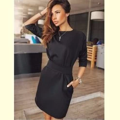 Autumn Fashion Women Black Dress Runway Elegant Ukraine Plus Size Two Side Pocket Women Clothing