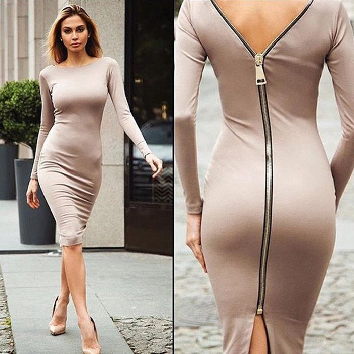 Autumn Maxi Simple Round Collar Knee-Length Sexy Elegant Dress Long Sleeve Full Zipper Tight Design Fitted Dresses Women Vestido