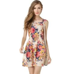Women Casual Bohemian Floral Flower Sleeveless Vest Printed Beach Chiffon Top Dress S092