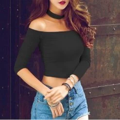 Choker Top Crop Top Long Sleeve Bustier Off Shoulder Women White Cropped Feminino Pink High Neck Cotton Fitness Tank Shirts