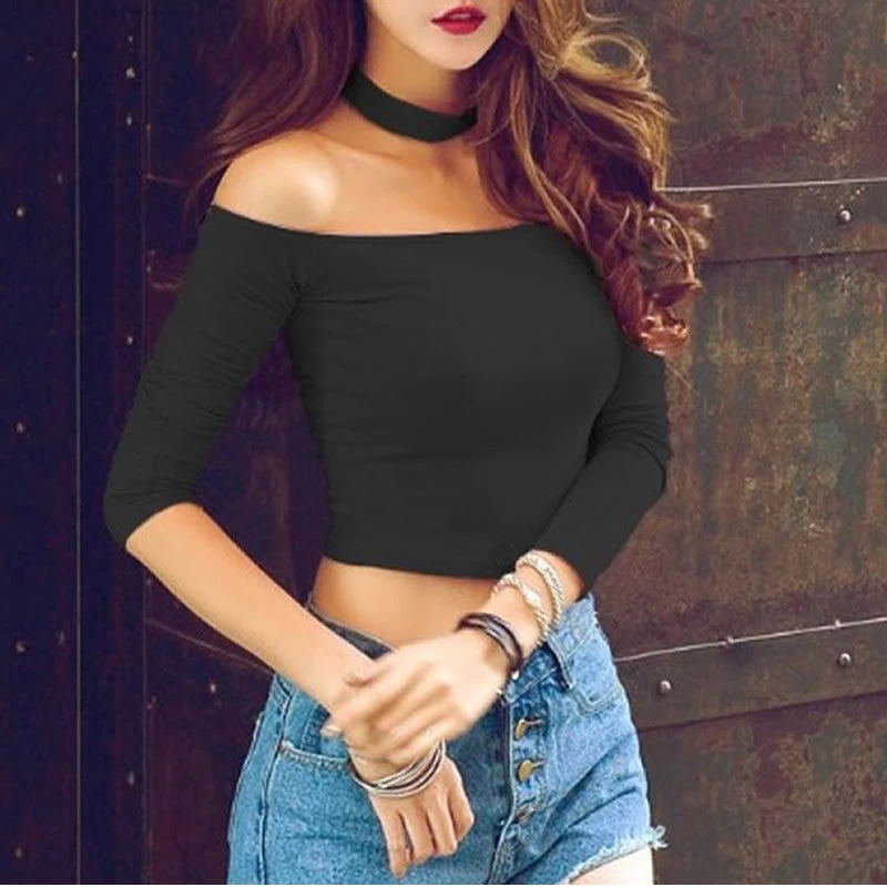 Choker Top Crop Top Long Sleeve Bustier Off Shoulder Women White Cropped Feminino Pink High Neck Cotton Fitness Tank Shirts