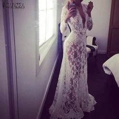 Summer European Style Womens Sexy Lace Embroidery Maxi Solid White Dress Long Sleeve Deep V Neck Vestidos Plus Size S-XL