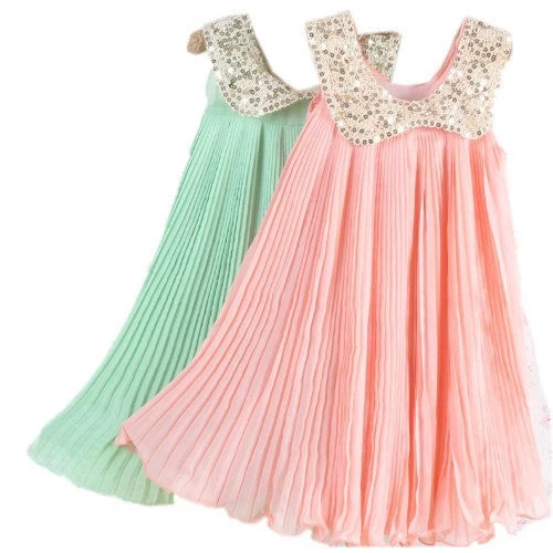 Summer Girls Pleated Chiffon One-Piece Dress With Paillette Collar Children Colthes For Kids Baby, Pink/Green