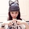 Winter Beanie Devil Cat Ear Lace Diamond Hat Crochet Braided Gorro Elastic Knitted Warm Ski Cap Beret Women Beanies 1MZ0500