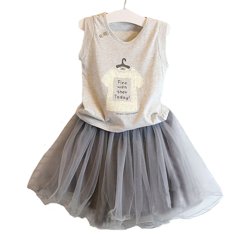 Baby Girl Clothing Sets Summer Shirt +lace Skirt Children Kids Clothes Grey Color T Shirt With Grey Skirt Girl Clothes Dress