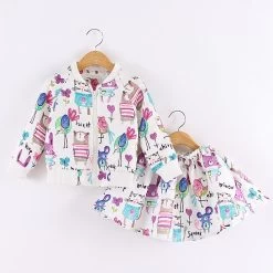 Cartoons Graffiti Long Sleeve Girls Clothing Sport Suits Toddler ( Jacket + Skirt )