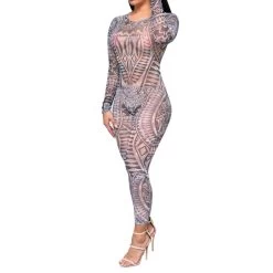 Sheer Mesh Aztec Tribal Printed Backless Jumpsuit