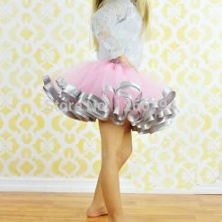Fashion Girl Casual Chiffon Tutu Pink And Grey Ribbon Skirt Baby Girl Birthday Party Ball Gown Pettiskrit For 8T Girls