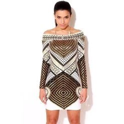 Digital Print Long Sleeve Elegant Party Dress Kim Kardashian Style