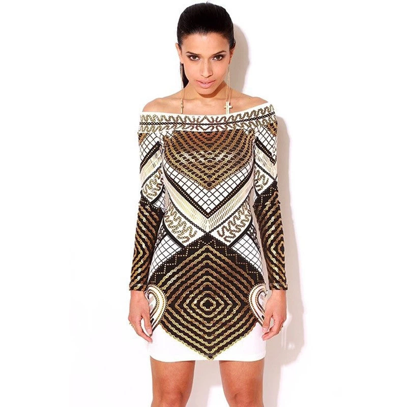 Digital Print Long Sleeve Elegant Party Dress Kim Kardashian Style