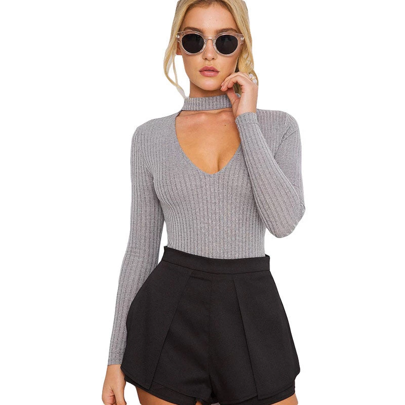 Deep V-neck Sexy Ribbed Leotard Long Sleeve Crop Top - Image 5