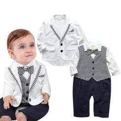 Gentleman Baby Boy Clothes White Coat+ Striped Rompers Clothing Set Born Wedding Suit