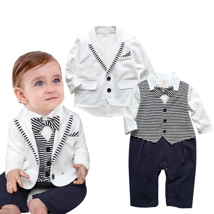 Gentleman Baby Boy Clothes White Coat+ Striped Rompers Clothing Set Born Wedding Suit