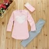 3pcs 1pc Hair Band+1pc Shirts+1pc Pants Children's Clothing Set Girls Clothes Suits Pink Red Heart