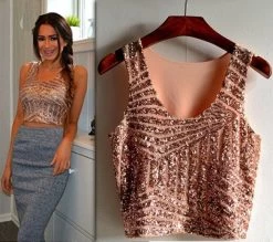 Women Top Fashionable Striped Gauze Sequin Splicing Sexy Summer Short Tank Crop Tops 63