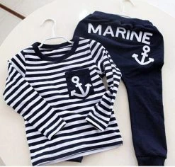 Navy Long Sleeve Pullover Striped Sports Suit, Casual Boys Clothing Set
