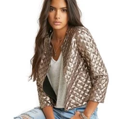 Spring Style Vogue Lozenge Women Gold Sequins Jackets Three Quater Sleeve Fashion Coats Outwears