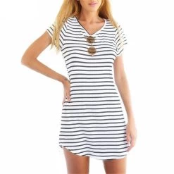 Women Crew Neck Short Sleeve Striped Loose T-Shirt Mini Dress Sundress Plus Size Women Beach Summer Dress
