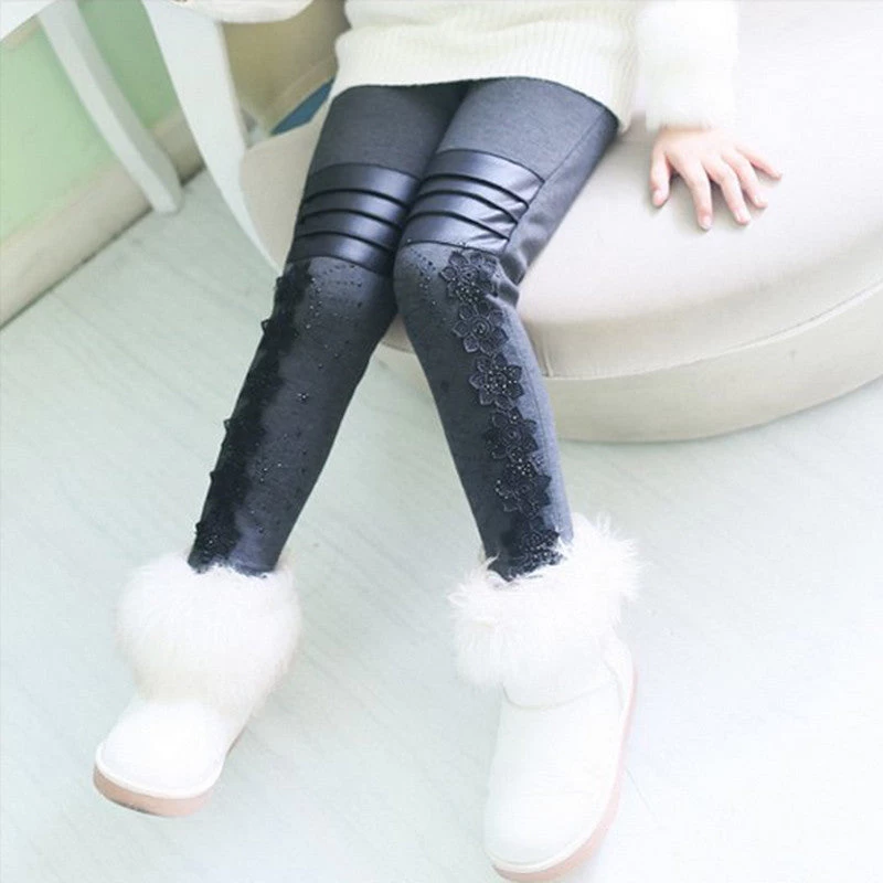 Girls Pants Winter Leggings Children Elastic Floral Lace Printed Flowers Warm Thick Cotton Gray Black Kids Trousers 6-11