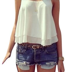 Summer Women Strap Tank Tops Sleeveless White Chiffon Casual T-shirt Vest Crop Tops