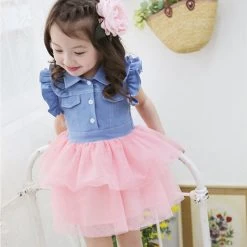 Cute Kids One Piece Dress Girls Ruffled Denim Gauze Tutu Clothes For 2-7Y 2 Colors