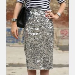 Women Bling Sequin Skirt Fashion Midi Skirt High Waist Bodycon One-Step Party Skirts For Women Plus Size