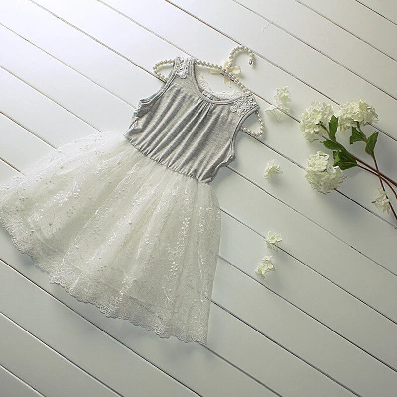 Summer Girl Dress Sweet Girls Kids Lace Princess Sleeveless Cotton Grey Dress Children Clothing