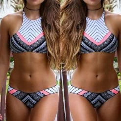 Summer Styles Triangle Sexy Crop Top Hang High Neck Bikinis Set Thick Padded Swimwear Women Low Waist Swimsuit Bathing Suit