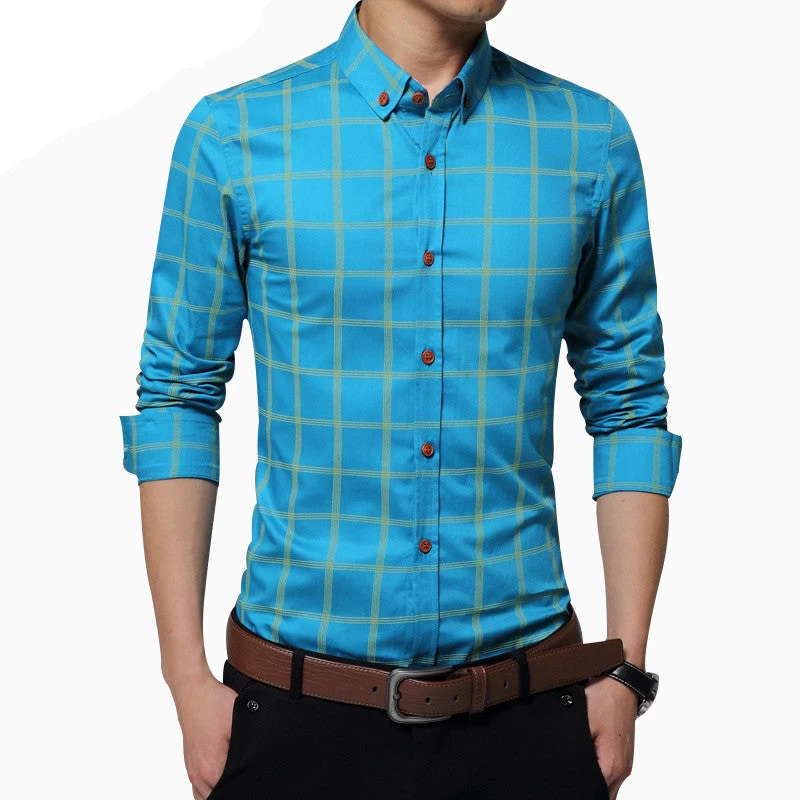 Plaid Shirt Men Fashion Casual Long Sleeve Turn-Down Slim Fit Shirt Men High Quality Cotton Mens Dress Shirts Men Clothes