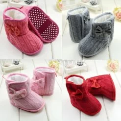 Baby Girl Boy Snow Boots Knit Bowknot Faux Fleece Soft Sole Kids Woolen Yam Knit Fur 3-18 Months