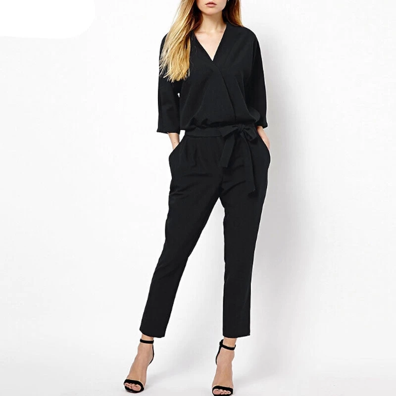 Women Jumpsuits Spring Autumn Bodysuit Half Sleeve V Neck Casual Elegant Ladies Long Office OL Rompers Overalls