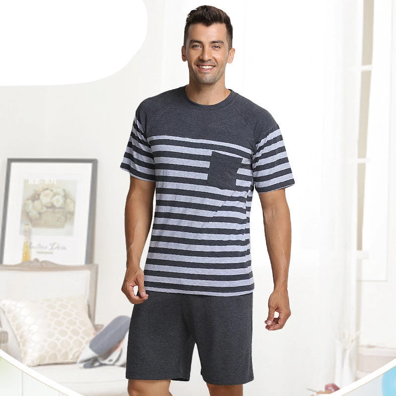 Summer Pijama Classic Stripe Lounge Wear Short-sleeve Pants Male Pajama Set