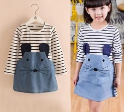 Striped Patchwork Character Girl Dresses Long Sleeve Cute Mouse Children Clothing Kids Girls Dress Denim Kids Clothes Girls