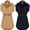 With Belt Women Summer Dress Shirt V-Neck Short A-Line Solid Plus Size Chiffon Casual Vestidos For Party Beach Office 8463