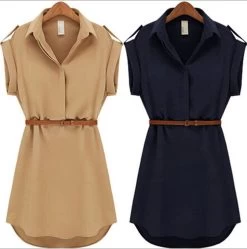 With Belt Women Summer Dress Shirt V-Neck Short A-Line Solid Plus Size Chiffon Casual Vestidos For Party Beach Office 8463