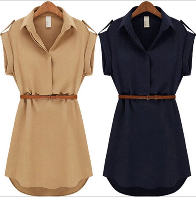 With Belt Women Summer Dress Shirt V-Neck Short A-Line Solid Plus Size Chiffon Casual Vestidos For Party Beach Office 8463