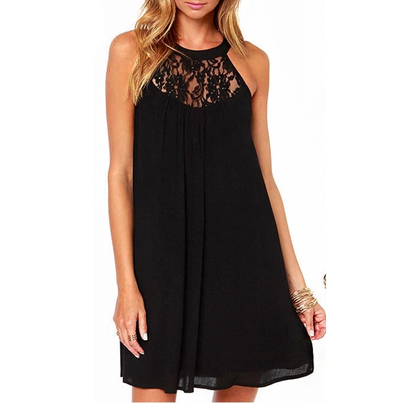 Summer Style Women Sexy Casual Sexy Lace Chiffon Dresses Sleeveless Loose Party Mini Solid Dress Vestidos Plus Size