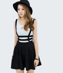 Preppy Style Suspender Skirts Women Girl Ruffles Skater Pleated Short Braces Skirt Back Zipper Hollow Out Skirt B2# 41