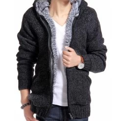 Jacket Men Thick Velvet Cotton Hooded Fur Jacket Mens Winter Padded Knitted Casual Sweater Cardigan Coat Spring Outdoors Parka
