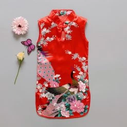 Fashion Chinese Style Flower Birds Cotton Children's Cloth Kids Qipao Dress Sleeveless Summer Girl's Dress