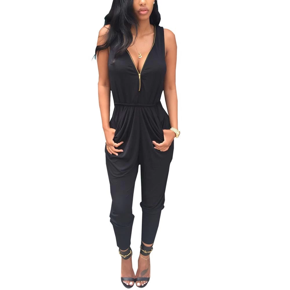 Sexy Long Black Rompers Womens Jumpsuit For Women Overalls Sleeveless Plus Size Bodycon Jumpsuit V Neck Suits Bodysuit Zipper