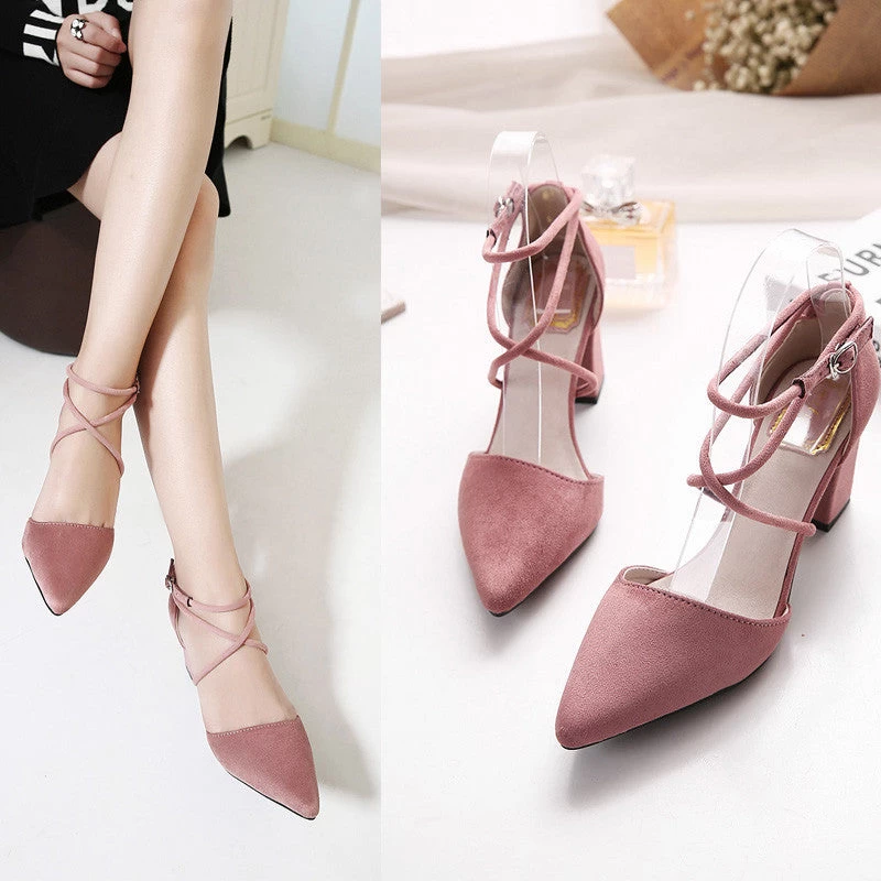 Womens Pumps Ladies Shoes High Square Heels Buckle Strap Flock Shoes