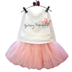 Lovely Girls White Tee Shirt And Pink Skirt With Rhinestone Clothes Set For Kids Girl Autmn Children Clothing Sets