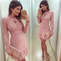 Autumn Fashion Casual Womens Sexy Dresses Party Night Club Dress Fall Long Sleeve Pink Lace Dress Brasil Vestidos De Festa
